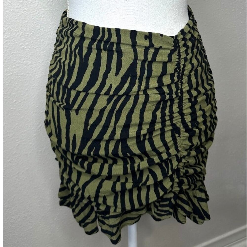 ZARA Green Zebra Print Ruched Mini Skirt XS Ruffle Hem Back Zip